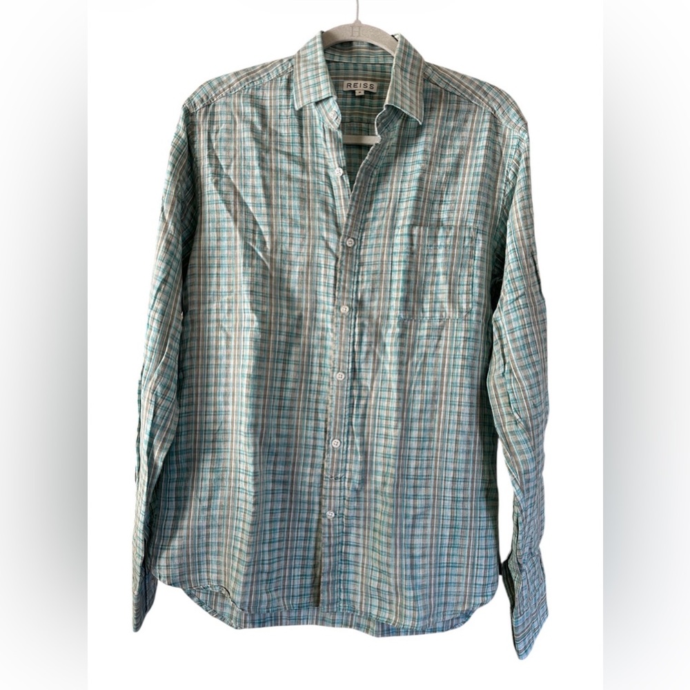 Reiss Men's Teal & Light Blue Plaid Button-Down Shirt